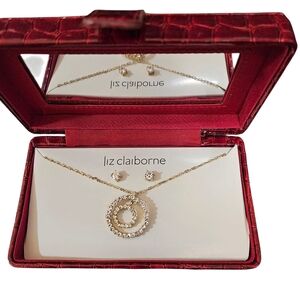 VINTAGE NIB LIZ CLAIBORNE COSTUME DOUBLE CIRCLE NECKLACE  & STUD EARRINGS CZ